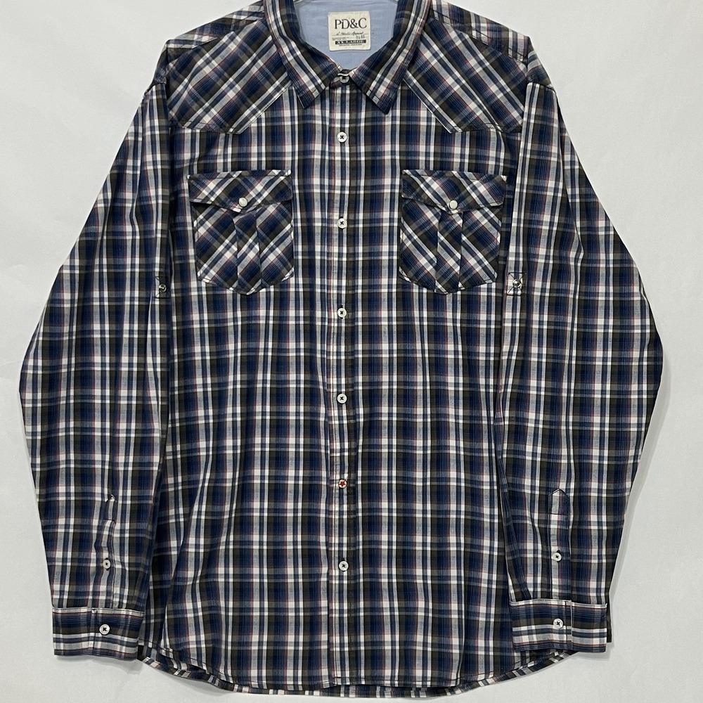 PD & C PDC  Men's Button Pocket Long Sleeve Shirt Blue Plaid Multicolor Men 2XL